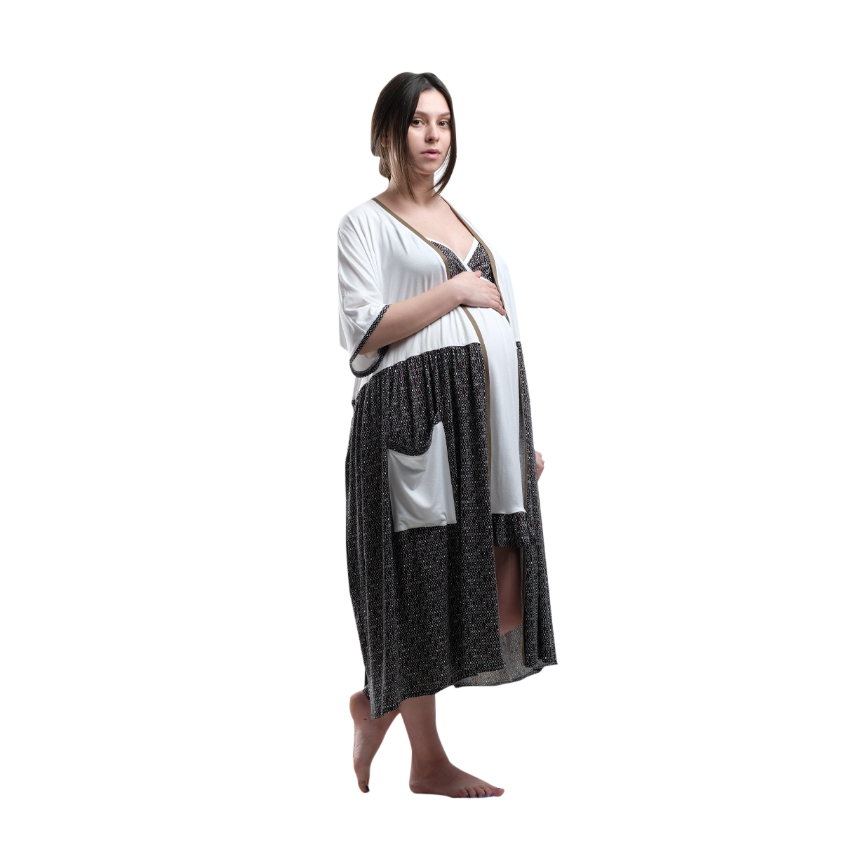 Black Floral Maternity Robe and Nightgown Set for Pregnancy