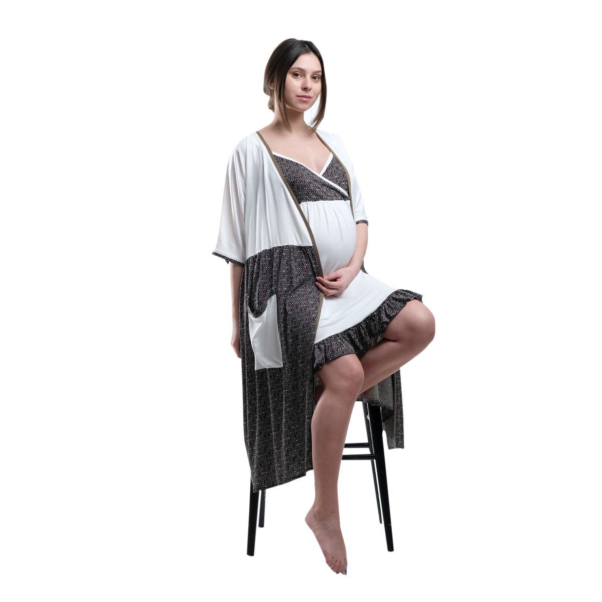 Black Floral Maternity Robe and Nightgown Set for Pregnancy