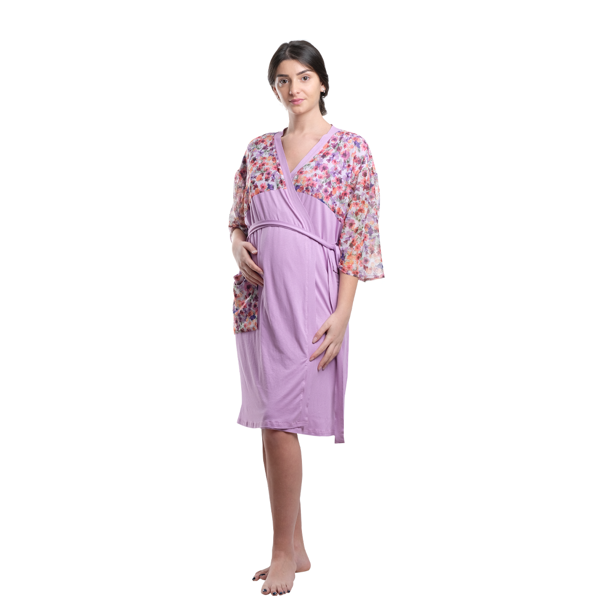 Lavender Floral Maternity Robe and Nightgown Set for Pregnancy