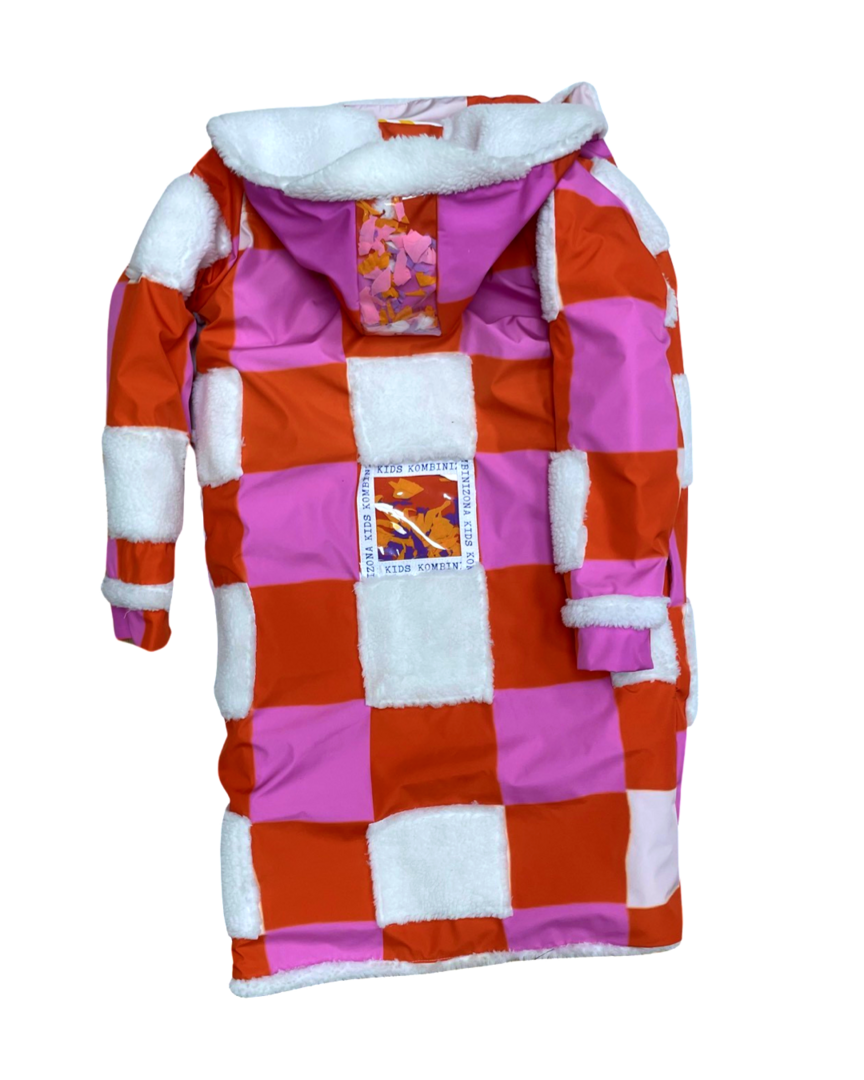 WASTEMAGIC PUFFER COAT PINK AND RED BLOCKS