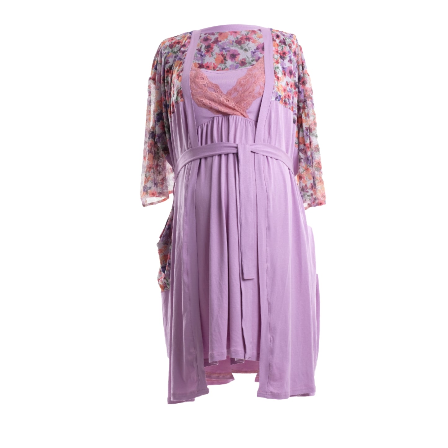 Lavender Floral Maternity Robe and Nightgown Set for Pregnancy