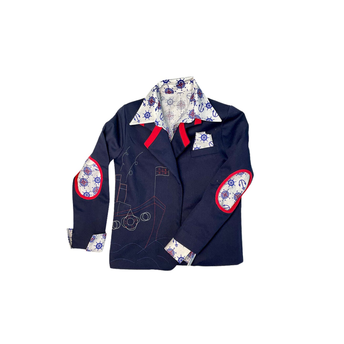SAILOR cotton suit jacket with 3 open circles on back and handmade embroidery interactive application on front ,with 2 buttons