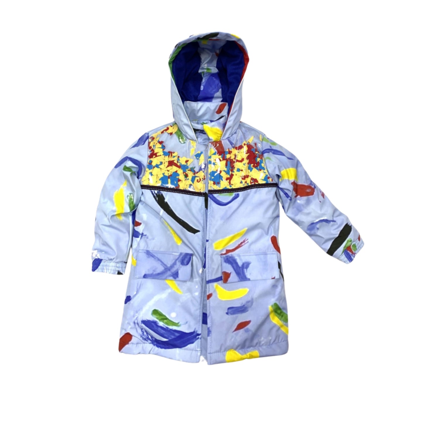 WASTEMAGIC WINTER LIGHT BLUE COAT WITH ARTIFICIAL FUR ,TEXTILE WASTE APLICATION COLORFULL ECCO-ARTWORK