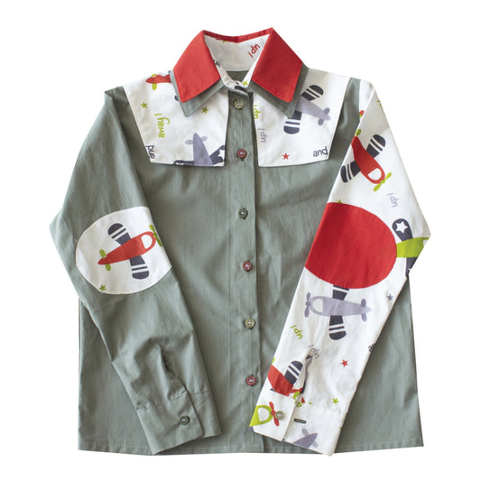 KHAKI VINTAGE  SAROCHINI BLOUSESHIRT WITH DOUBLE COQUETTE/COLLAR  AND AIRPLANES
