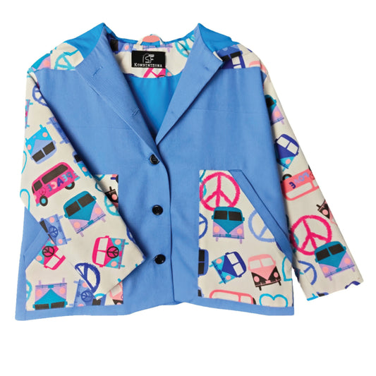 PASTEL BLUE COAT /JACKET WITH COLORFULL LONG SLEEVES AND HAPPINESS SYMBOLS PRINT