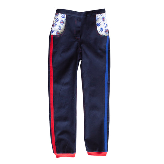 DENIM LONG SAILOR TROUSERS WITH RUBBERS AND SAILOR PRINTED POCKETS