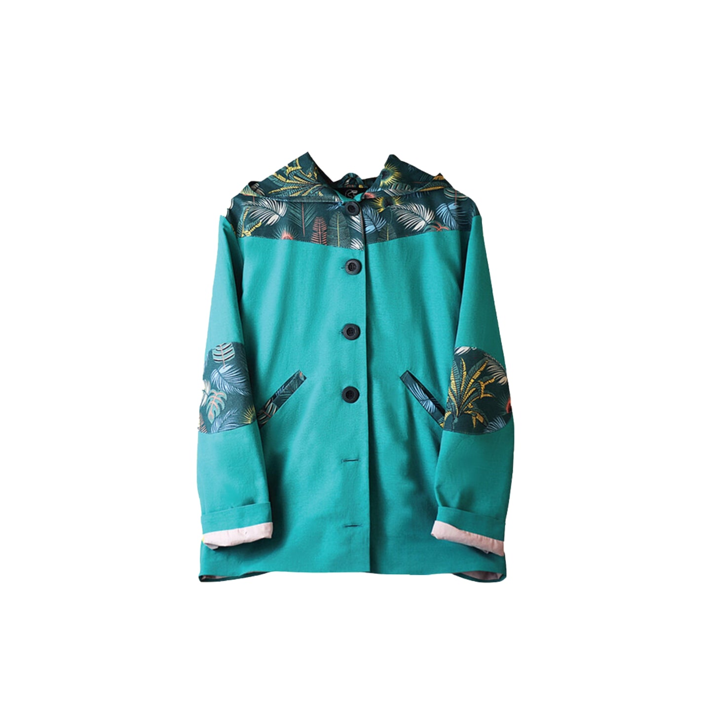 LIGHR GREEN  LINEN JACKET WITH HOOD AND COQUETTE WITH COLORFUL PLANTS