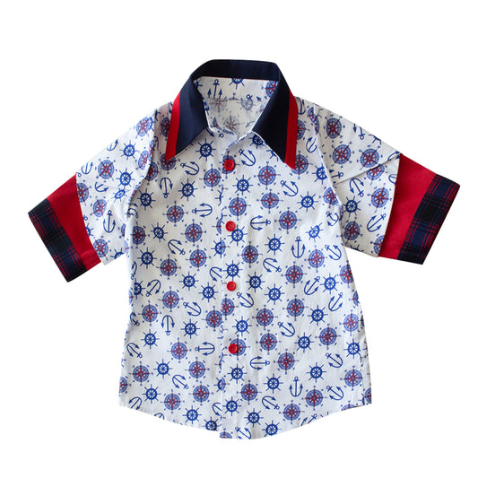 DUO OF SAILOR TSHIRT BLOUSE WITH TREASURE HUNTERS PRINT, DOUBLE SHORT SLEEVS, KNITTED RUBBON DETAILS ON SLEEVS AND DENIM DUO COLLAR AND KNMITTED ARMOUR