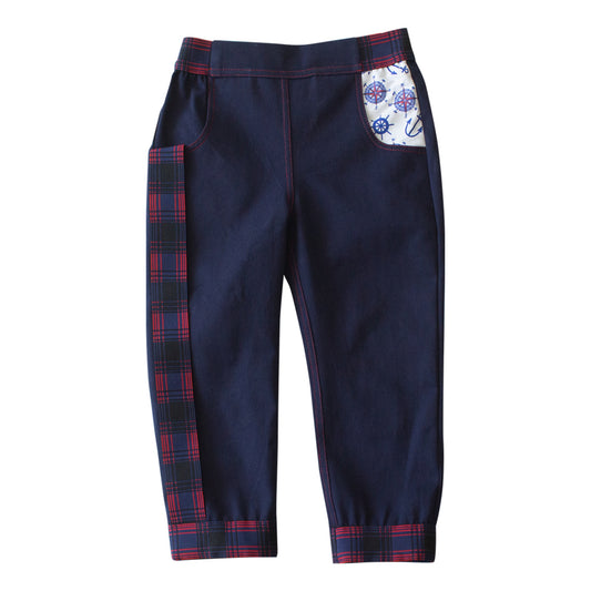 DENIM LONG SAILOR TROUSERS WITH RUBBERS AND SAILOR PRINTED POCKETS