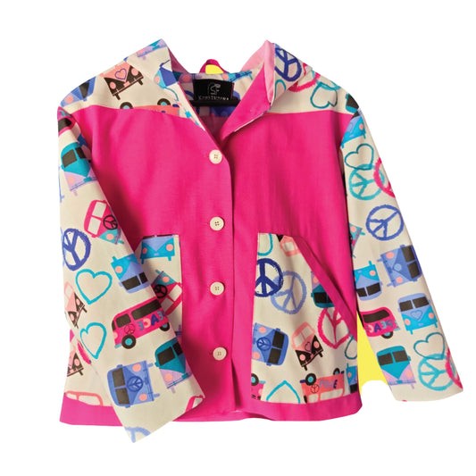 PINK COAT /JACKET WITH COLORFULL LONG SLEEVES AND HAPPINESS SYMBOLS PRINT