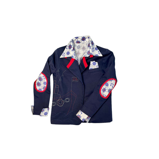 SAILOR cotton suit jacket with 3 open circles on back and handmade embroidery interactive application on front ,with 2 buttons