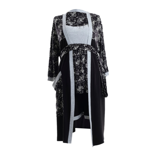 Black and Grey Floral Maternity Robe and Nightgown Set for Pregnancy